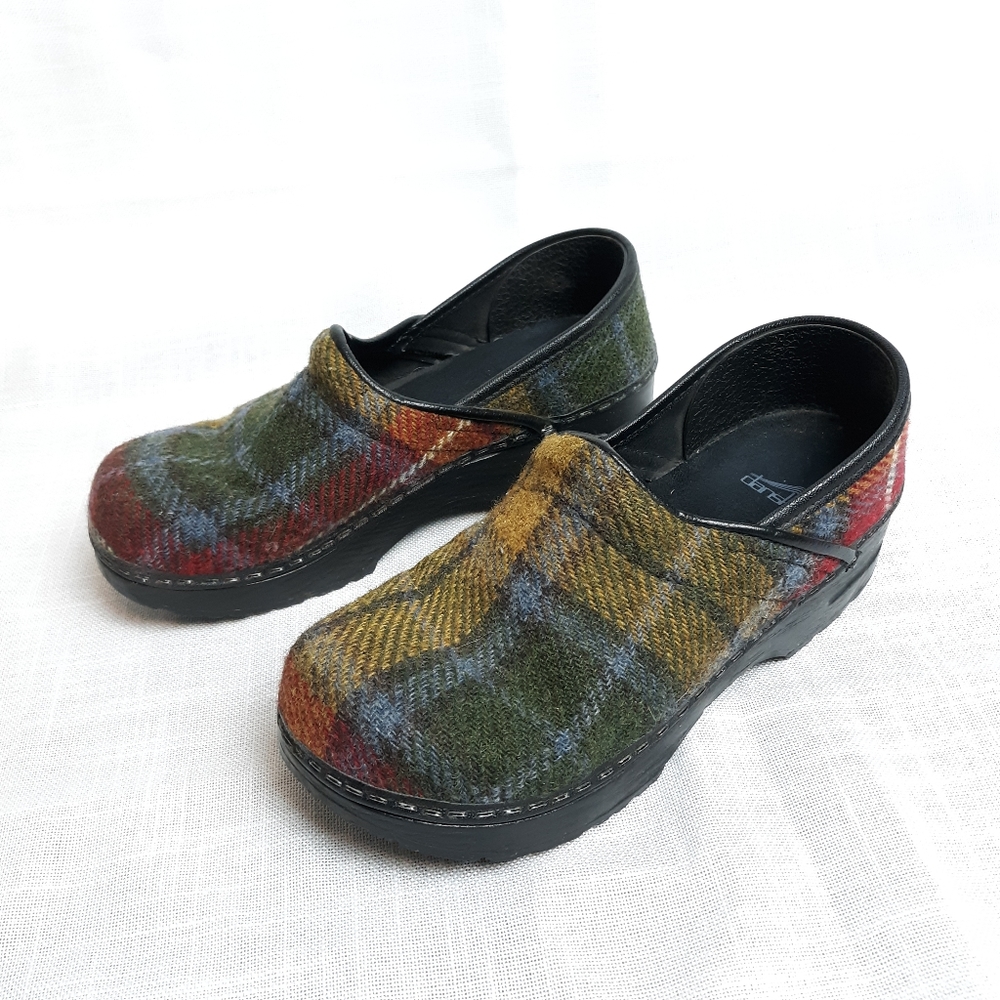 Dansko wool plaid clogs